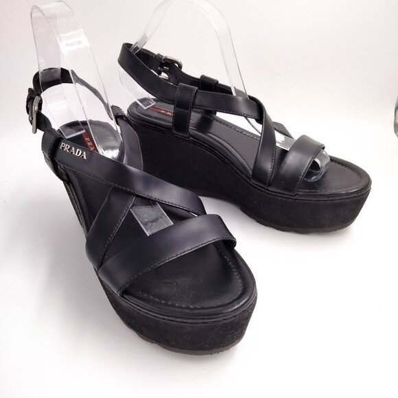 Prada Black 90s Criss Cross Platform Sandals 39.5 9.5 - Picture 1 of 9